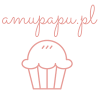 logo amupapu, różowa babeczka i napis